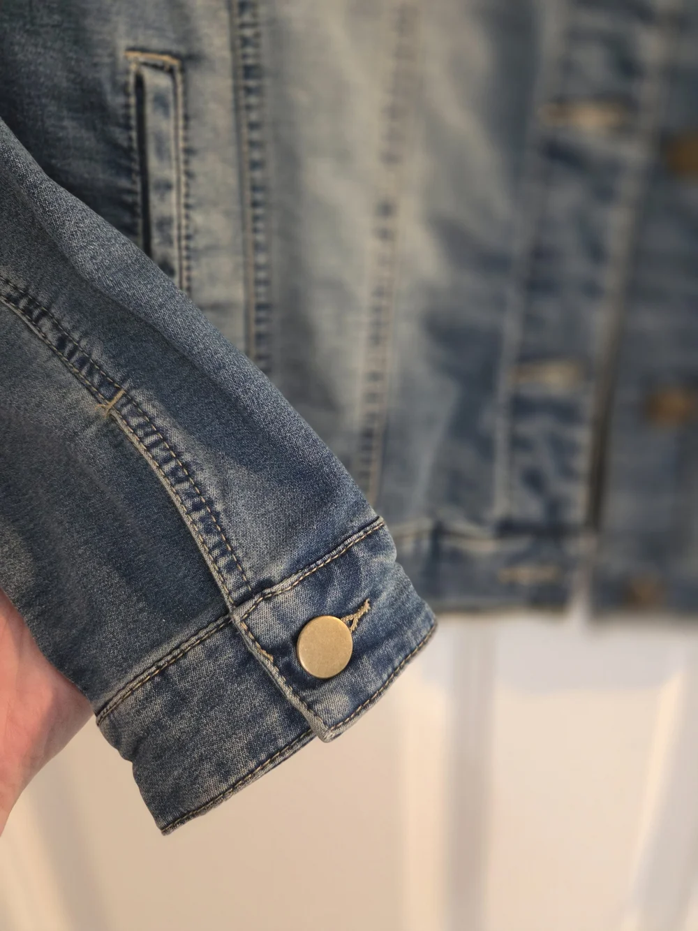 Women’s Light Wash Denim Jacket with Beaded Collar